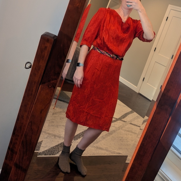 VINTAGE Cherèse Baumaire Paris Red Orange Blouson Dress - Picture 2 of 10